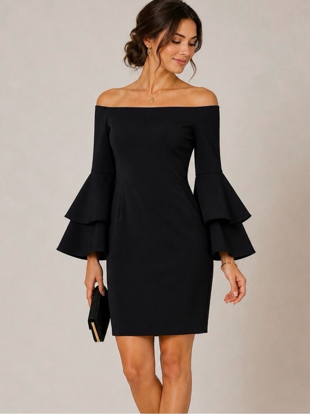 Calvin Klein Black Ruffle Sleeve Off-Shoulder Sheath Dress